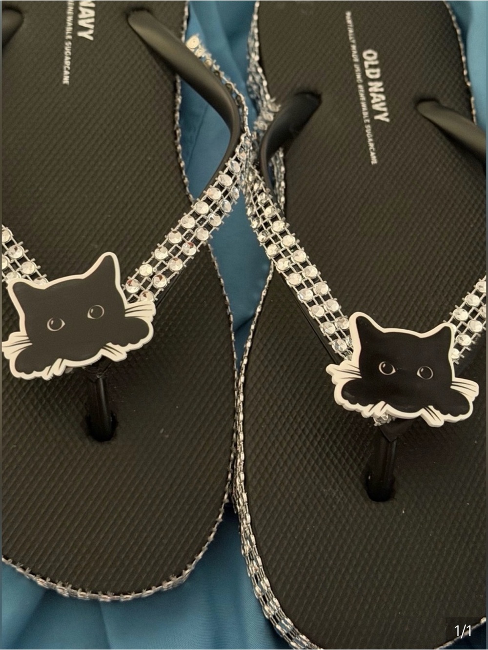 Black Rhinestone Cat-Accent Flip Flop Sandals set of two shoes